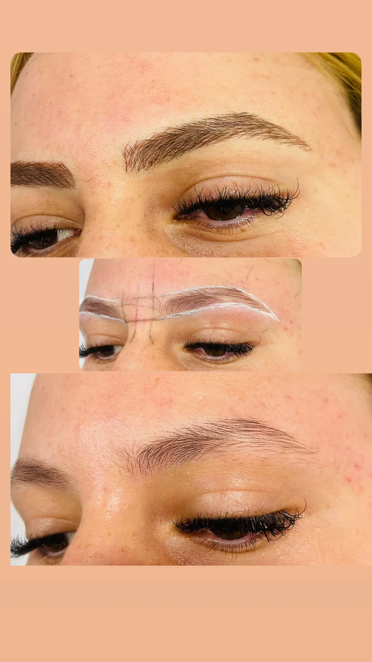 Composição em vários ângulos mostrando marcação técnica e resultado finalizado de hairstrokes
